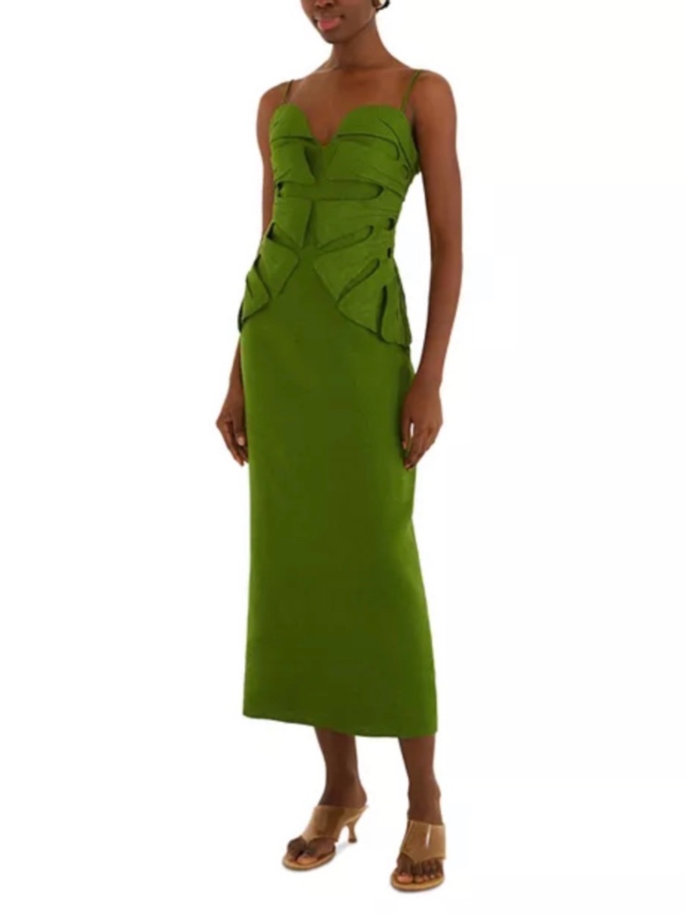 Farm Rio Monstera Leaf Linen Sleeveless Green Sculpted Bodice Midi Dress - Picture 2 of 7